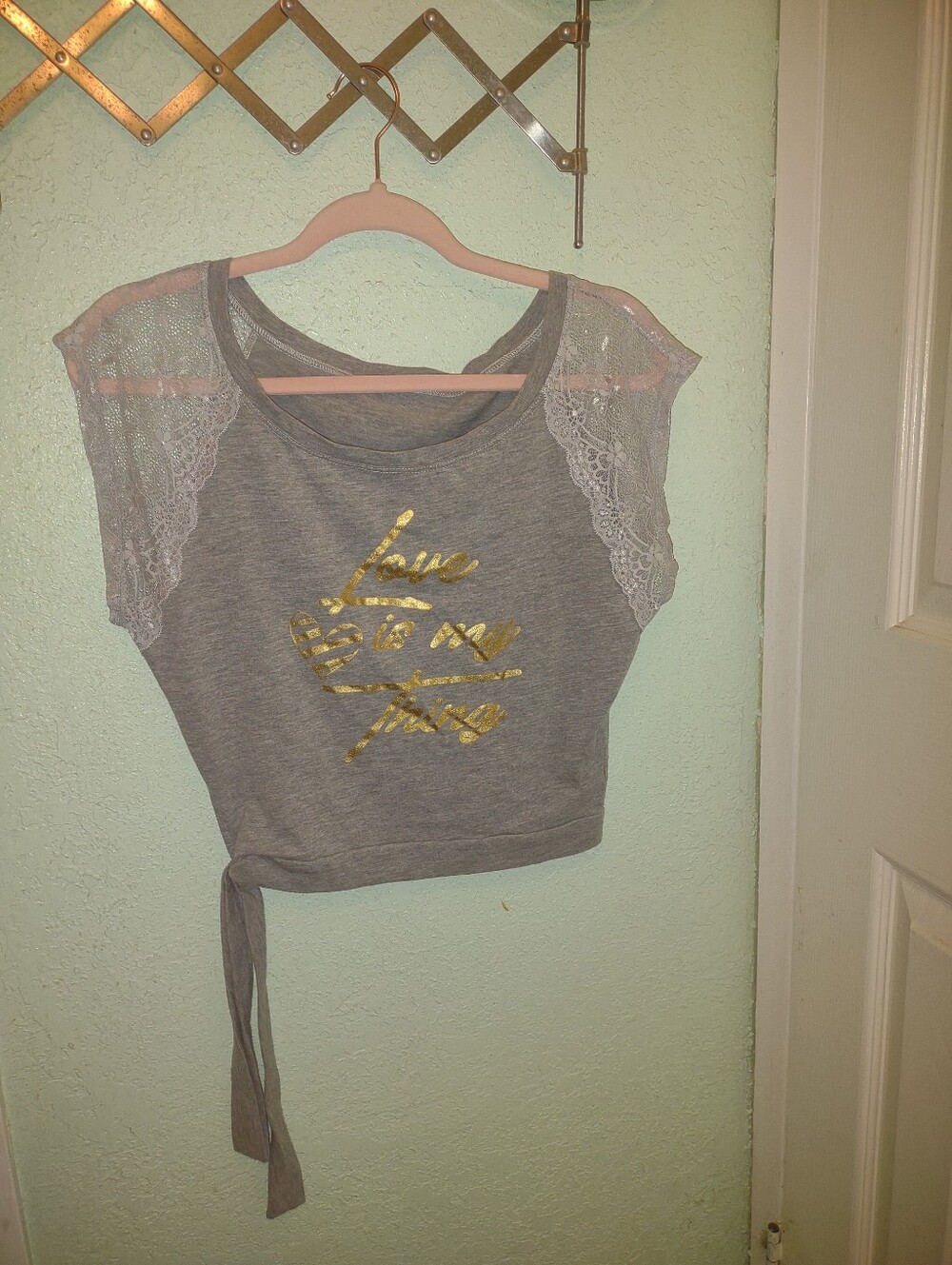 Love Is My Thing Lace-Sleeve Crop Top with Gold Script